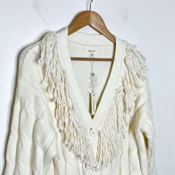 Max Studio Fringe Cable Knit Cardigan Sweater Cream Womens Small Button up - Picture 2 of 9